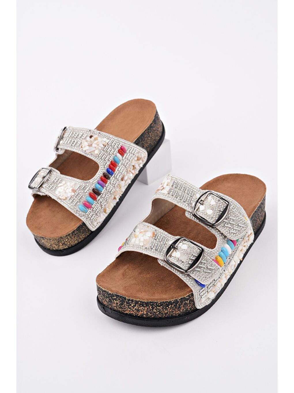 Gri DELBİN Çift Bantlı Taşlı Ayarlanabilir Kemerli Günlük Kadın Terlik-1