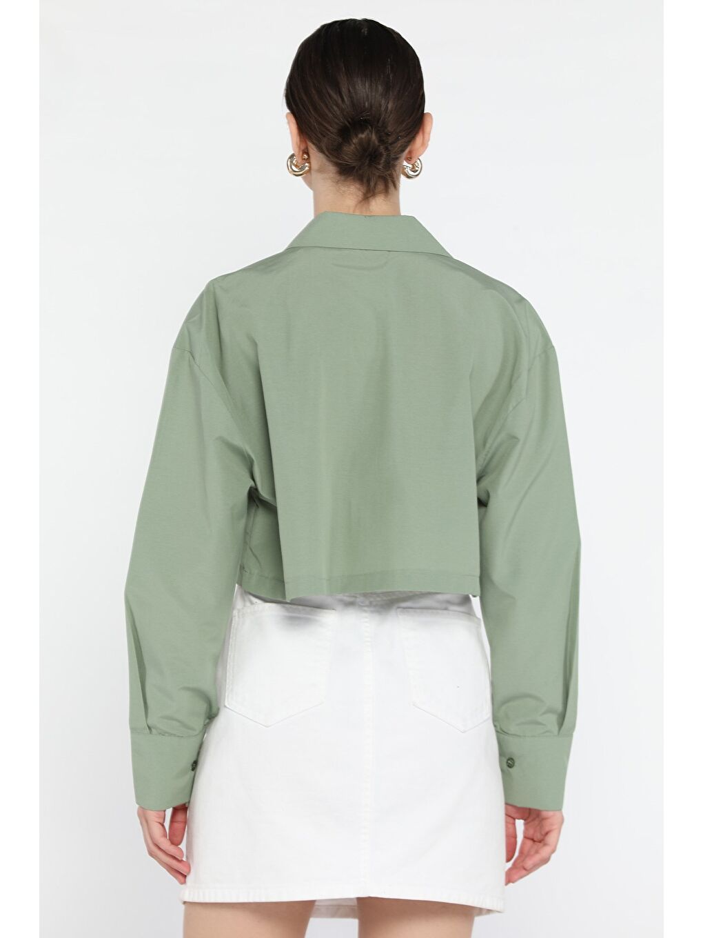 Haki Kadın Basic Crop Top Gömlek-3