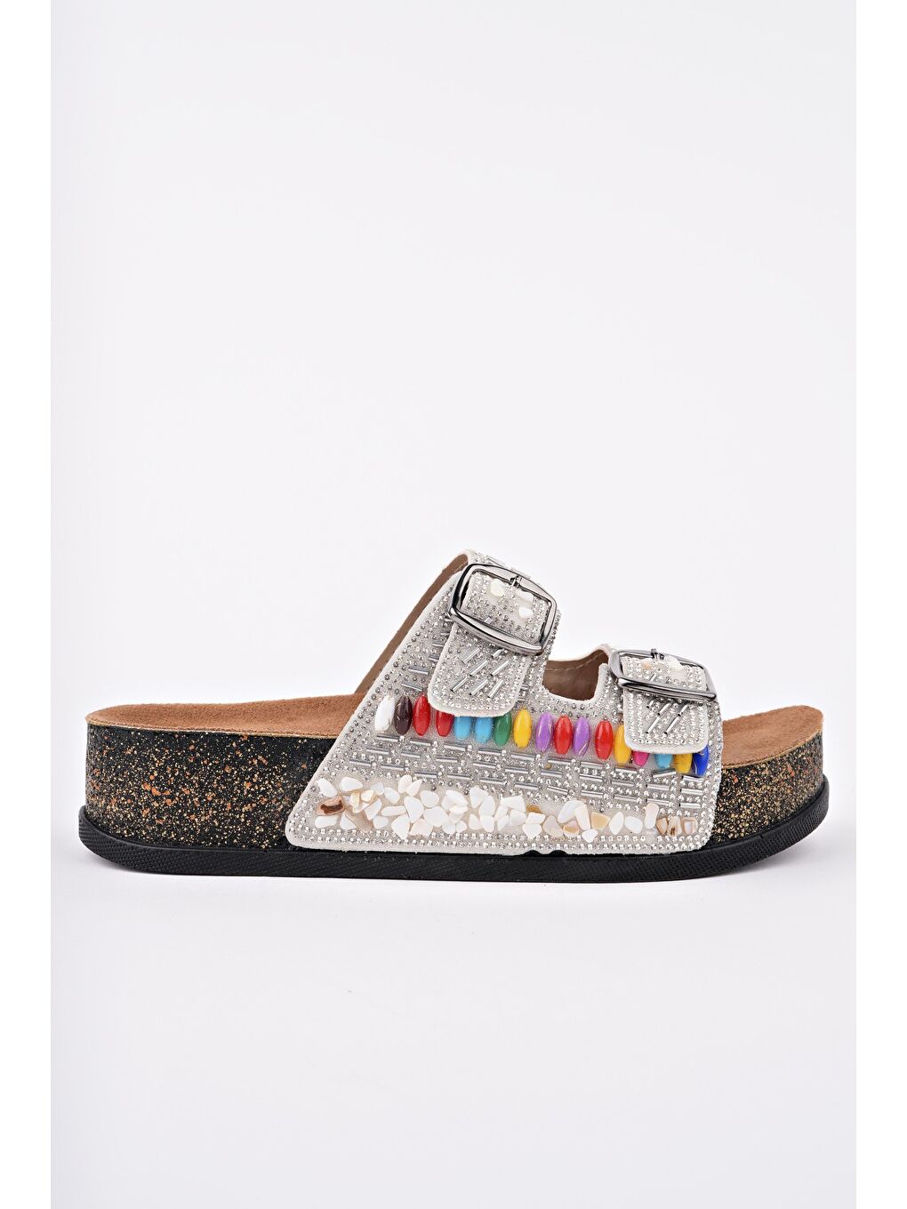 Gri DELBİN Çift Bantlı Taşlı Ayarlanabilir Kemerli Günlük Kadın Terlik-2