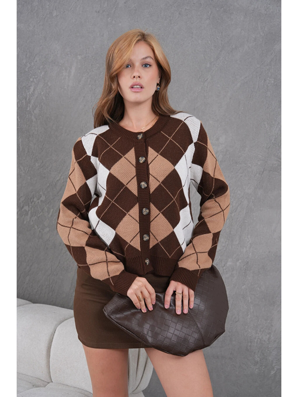 Kahverengi Kadın Bisiklet Yaka Baklava Desenli Düğme Kapama Triko Hırka Ceket-1