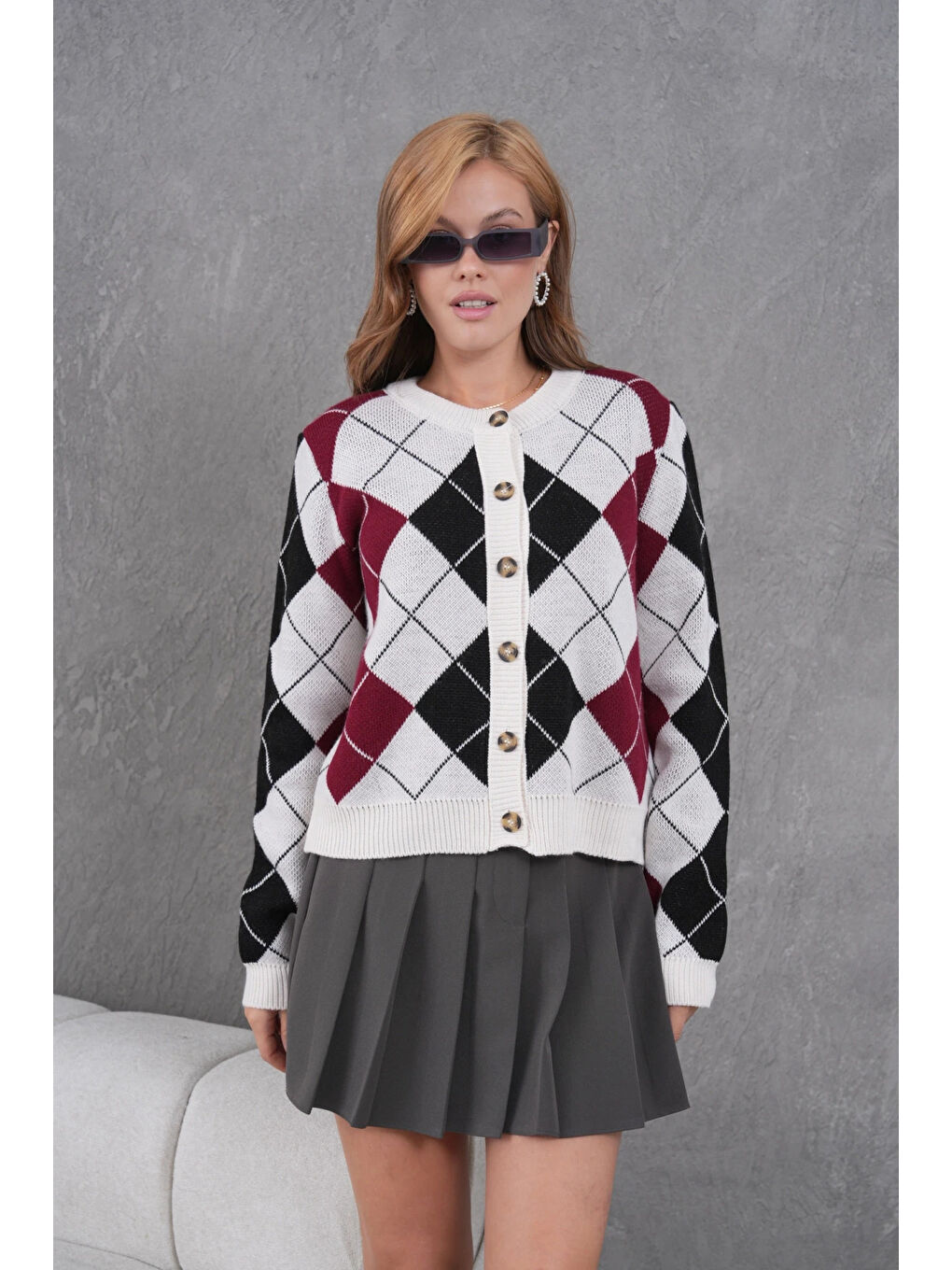 Bej Kadın Bisiklet Yaka Baklava Desenli Düğme Kapama Triko Hırka Ceket-2