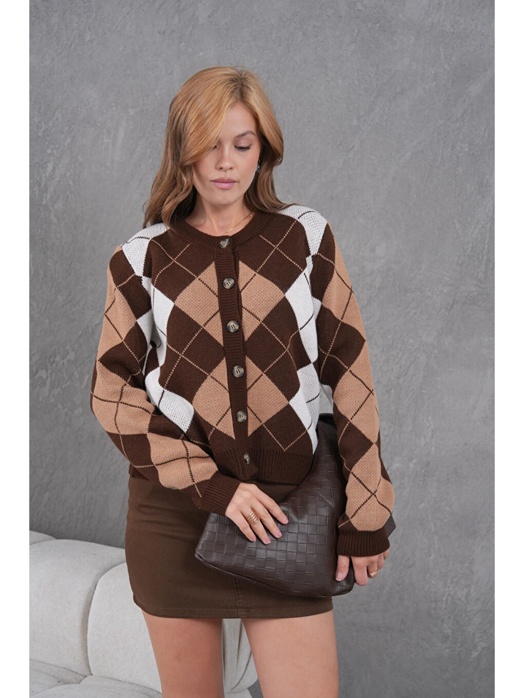 Kahverengi Kadın Bisiklet Yaka Baklava Desenli Düğme Kapama Triko Hırka Ceket-2