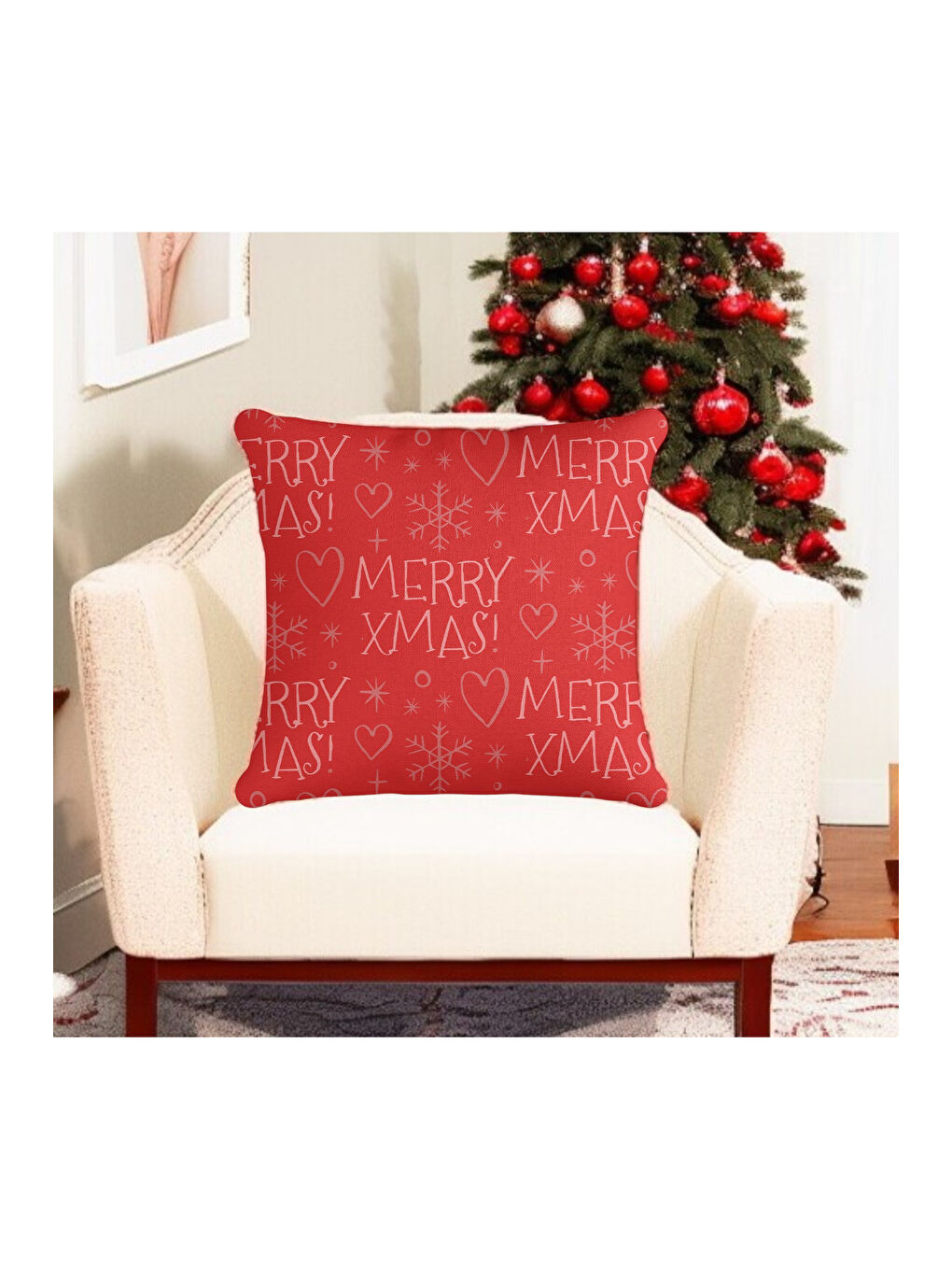Yılbaşı Noel Temalı "Merry Xmas" Yazı Kalp Kar Tanesi Baskılı  Kırlent Kılıfı - Kırmızı 43x43-1