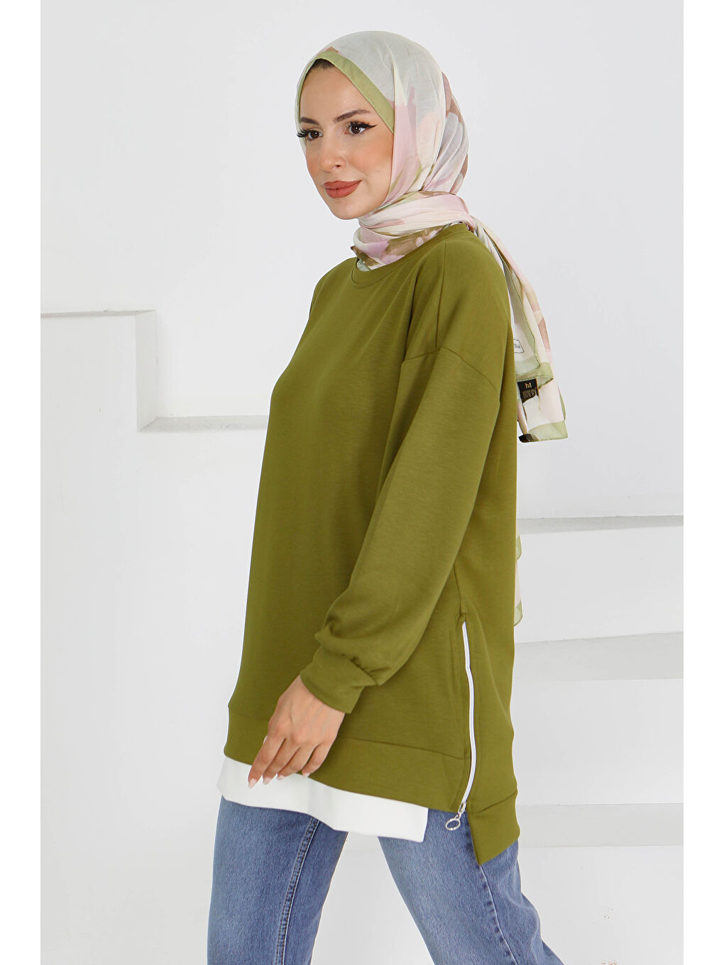 Garnili Fermuarlı İki İplik sweatshirt Haki - 27610