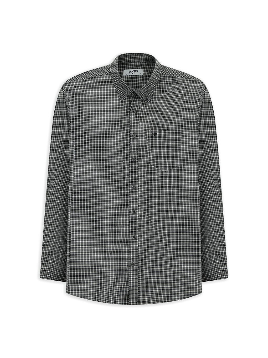 Gri Uzun Kol Regular Fit Ekose Düğmeli Yaka Cepli Pamuk Gömlek