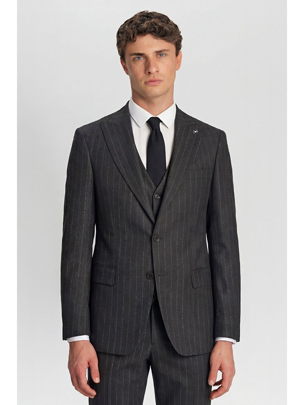 Giotelli Antrasit Regular Fit Çizgili Desenli Yelekli Kabanlı 4'Lü 6 Drop Erkek Takım Elbise Seti-1