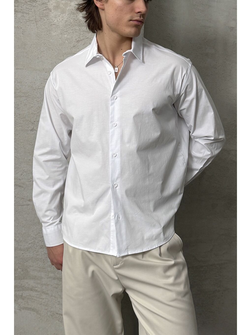 Beyaz Erkek Oversize Pamuklu Poplin Gömlek-1