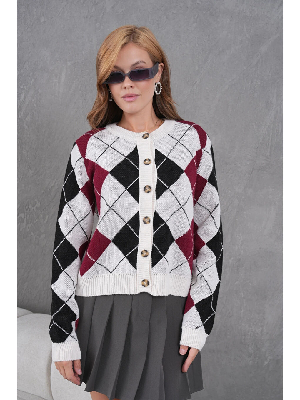 Bej Kadın Bisiklet Yaka Baklava Desenli Düğme Kapama Triko Hırka Ceket-4