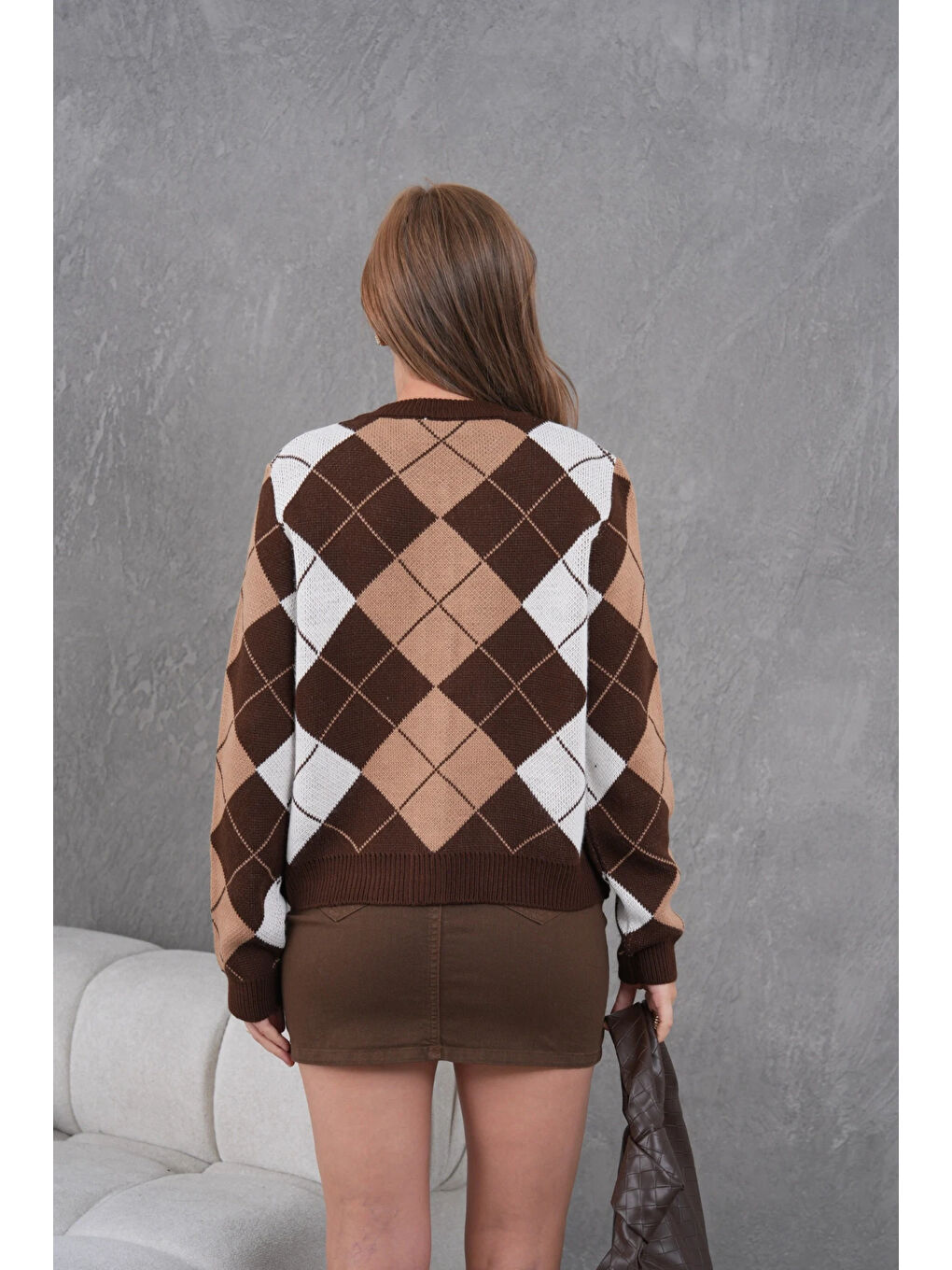 Kahverengi Kadın Bisiklet Yaka Baklava Desenli Düğme Kapama Triko Hırka Ceket-4