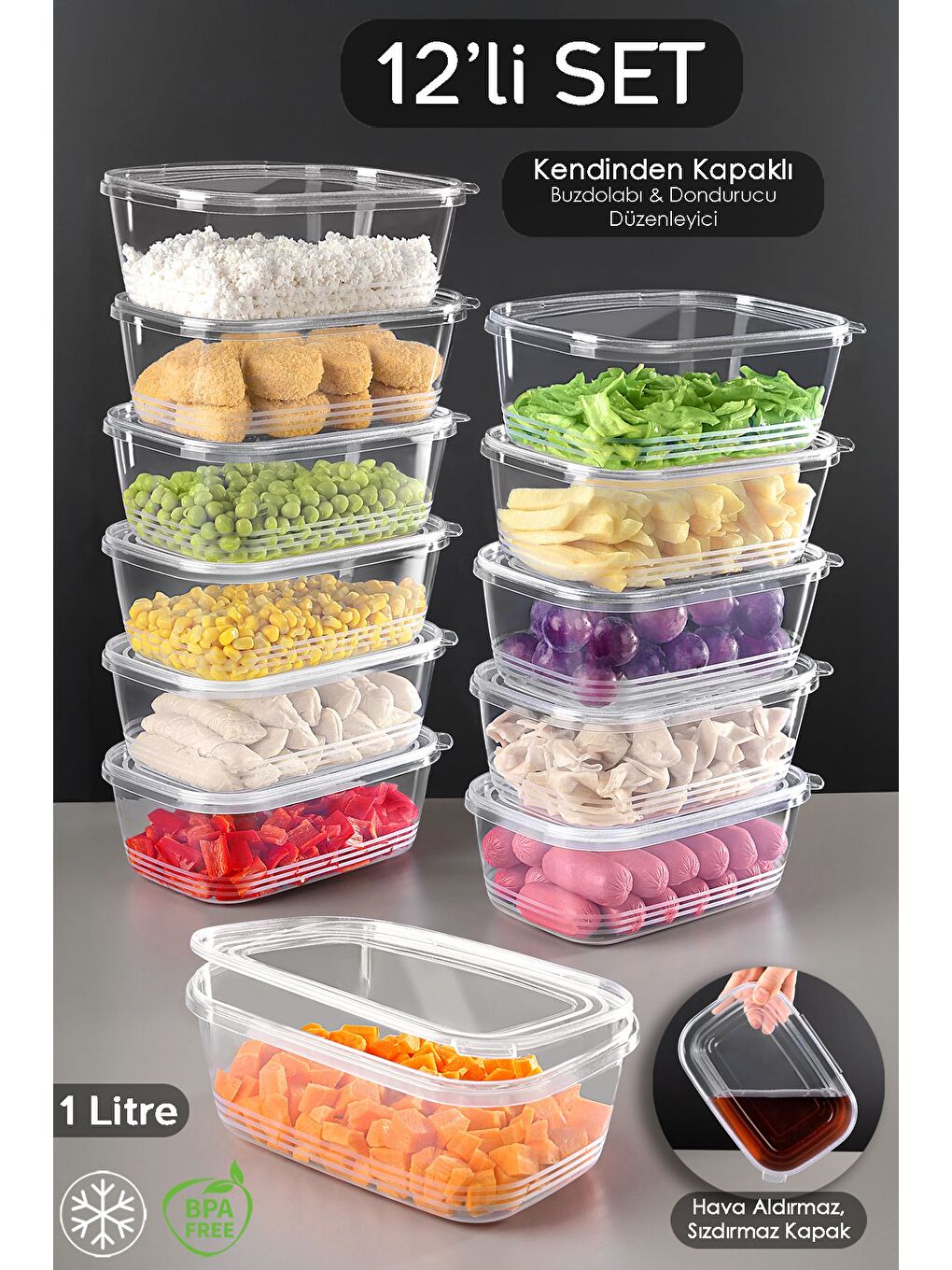 Renksiz 12 Adet Sızdırmaz Kendinden Kapaklı Derin Dondurucuya Uygun Saklama Kabı Hava Almaz Düzenleyici 1lt