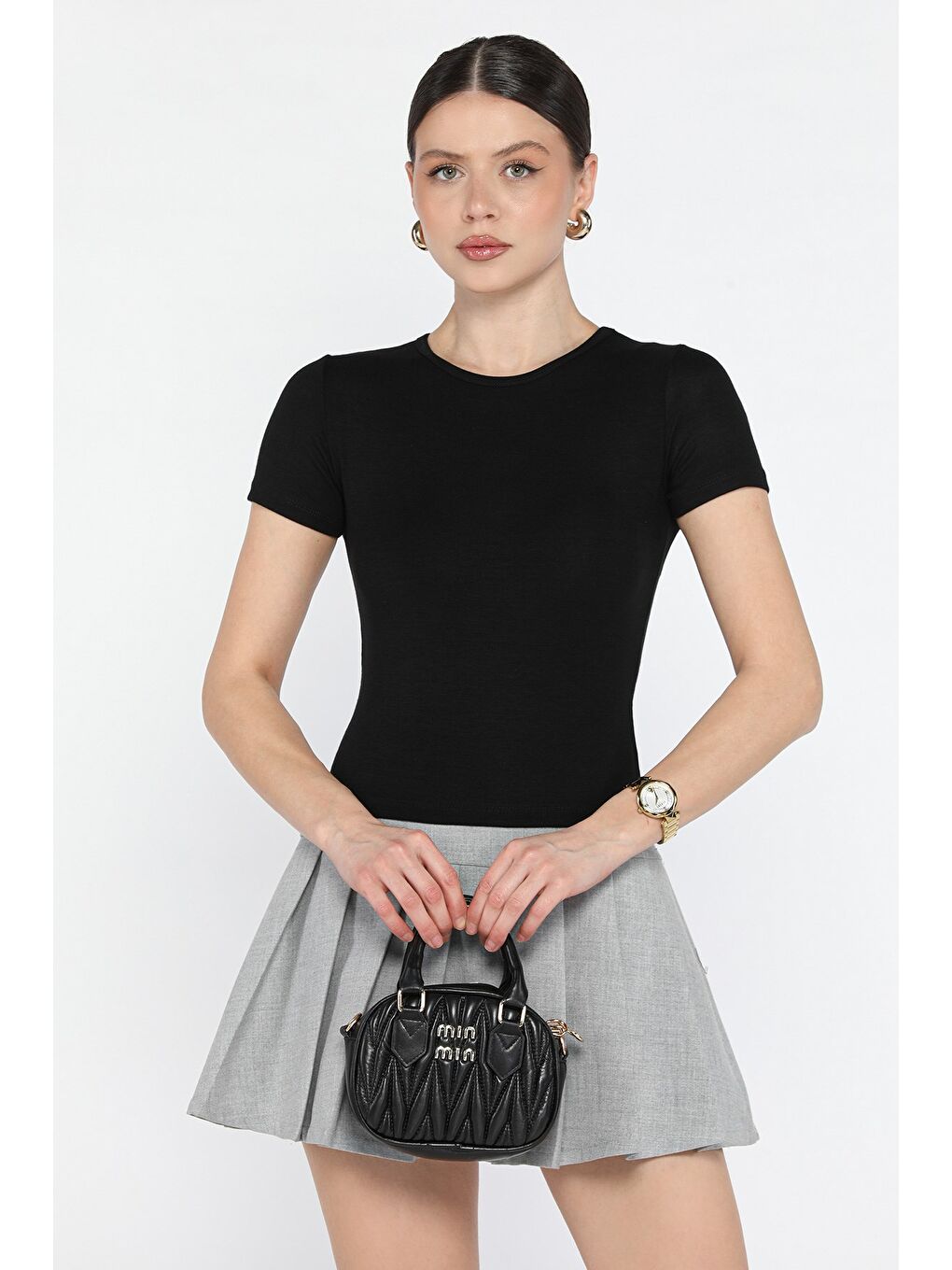 Siyah Kadın Bisiklet Yaka Basic Tişört