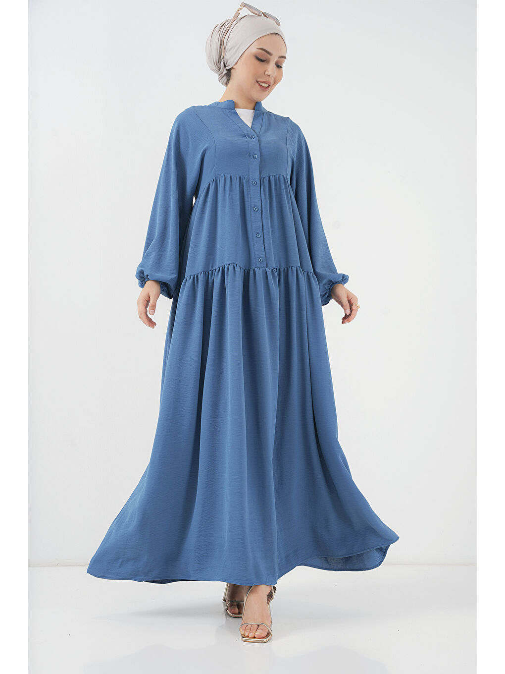 2527 Kadın Uzun Tesettür Elbise - İndigo