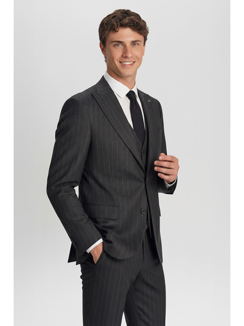 Giotelli Antrasit Regular Fit Çizgili Desenli Yelekli Kabanlı 4'Lü 6 Drop Erkek Takım Elbise Seti-2