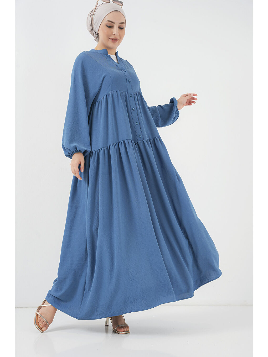2527 Kadın Uzun Tesettür Elbise - İndigo-1