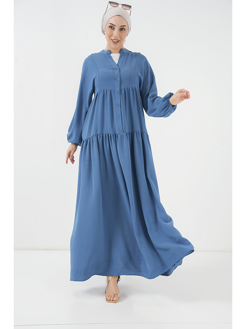 2527 Kadın Uzun Tesettür Elbise - İndigo-2