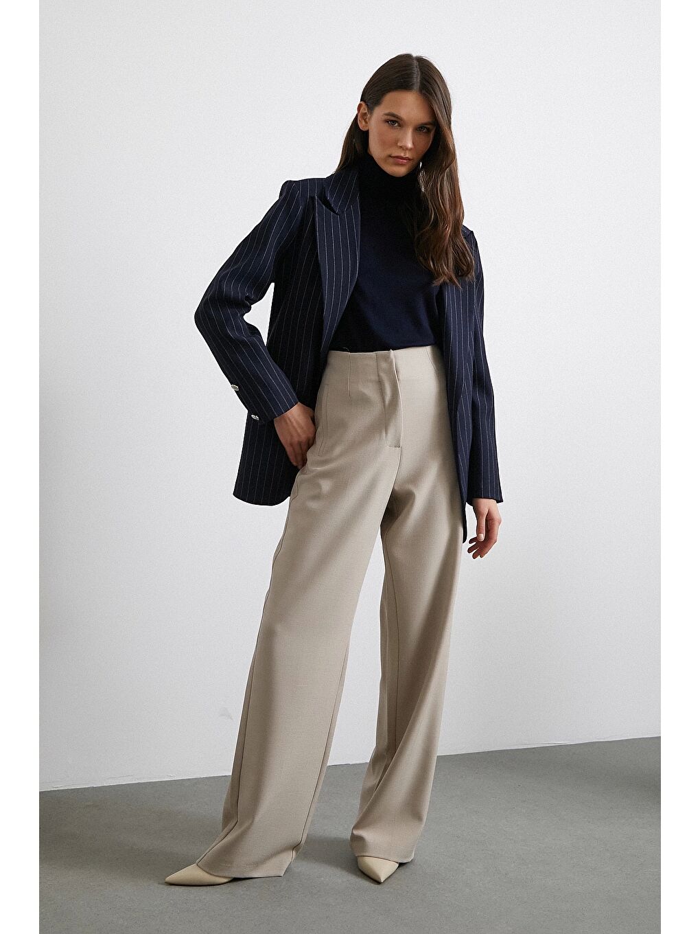 Bej Yüksek Bel Geniş Paça Pantolon Vizon