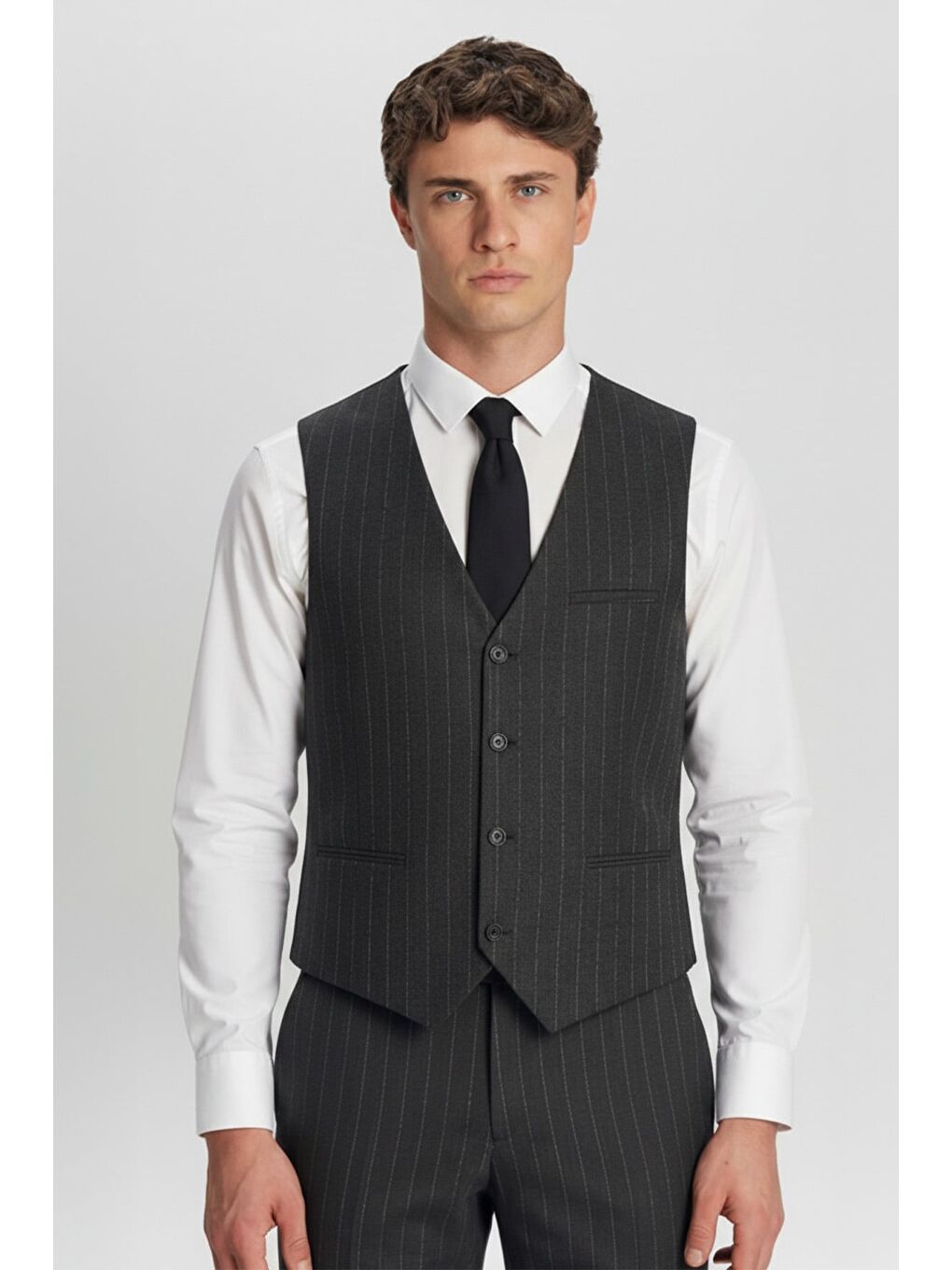 Giotelli Antrasit Regular Fit Çizgili Desenli Yelekli Kabanlı 4'Lü 6 Drop Erkek Takım Elbise Seti-3