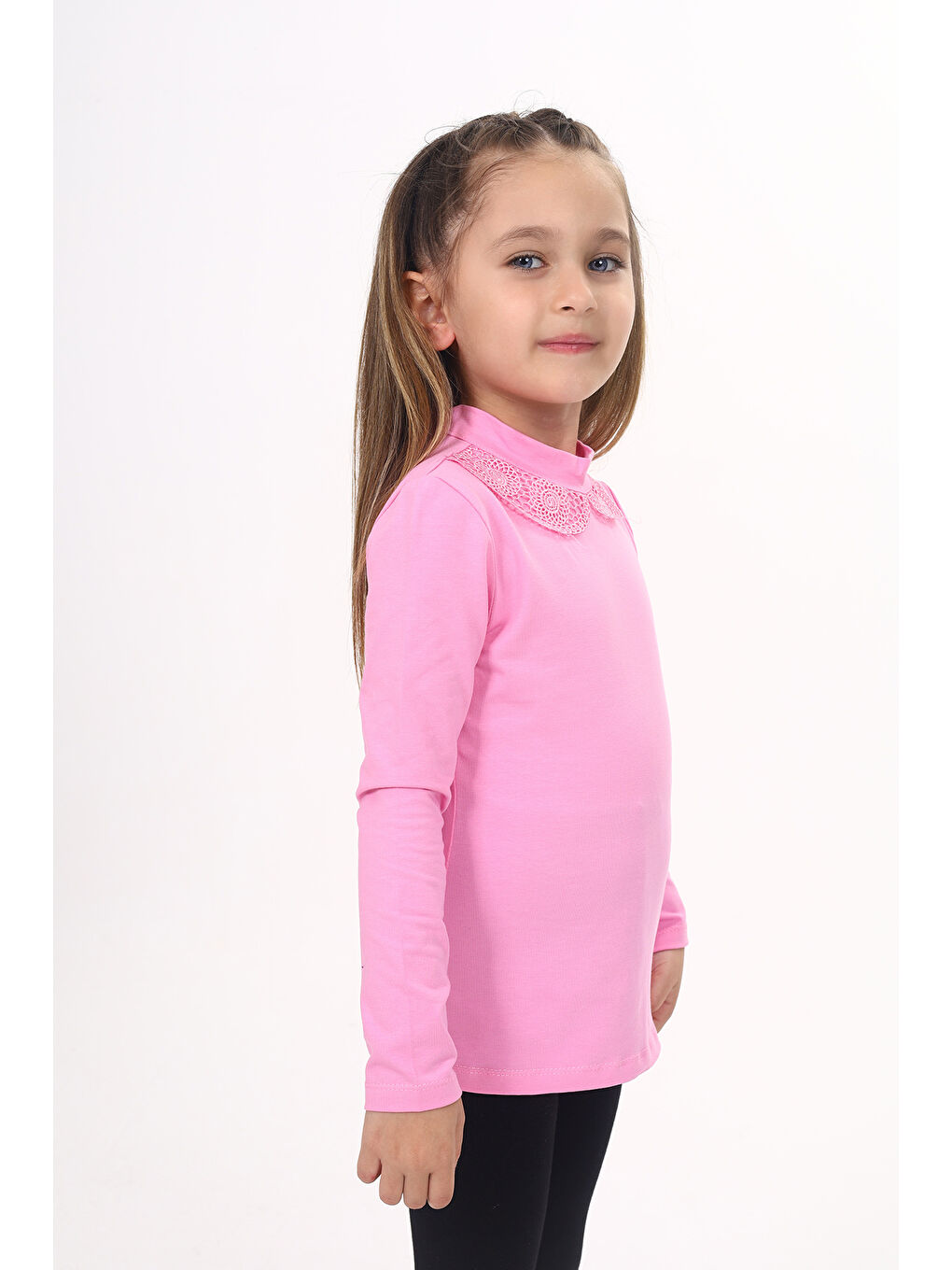 Pembe Kız Çocuk Yakası Dantel Detaylı Tişört-1
