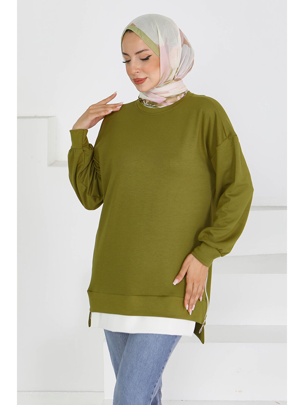 Garnili Fermuarlı İki İplik sweatshirt Haki - 27610-1