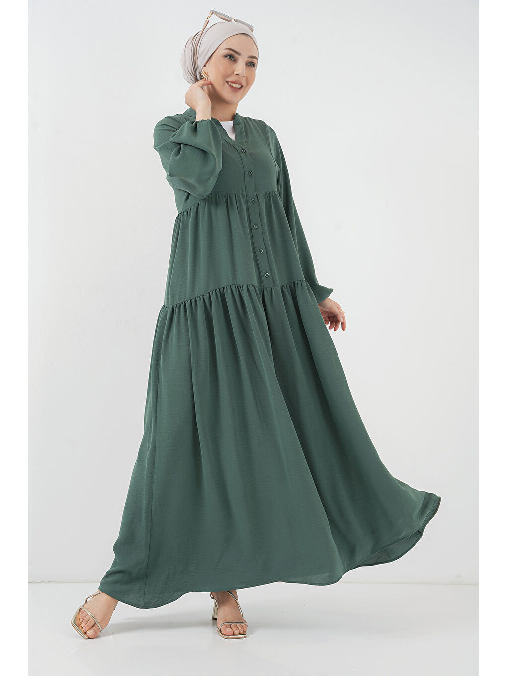 2527 Kadın Uzun Tesettür Elbise - Zümrüt Yeşili