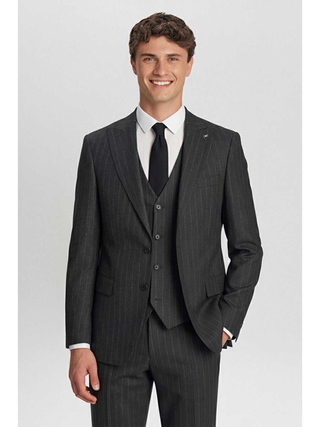 Giotelli Antrasit Regular Fit Çizgili Desenli Yelekli Kabanlı 4'Lü 6 Drop Erkek Takım Elbise Seti-4