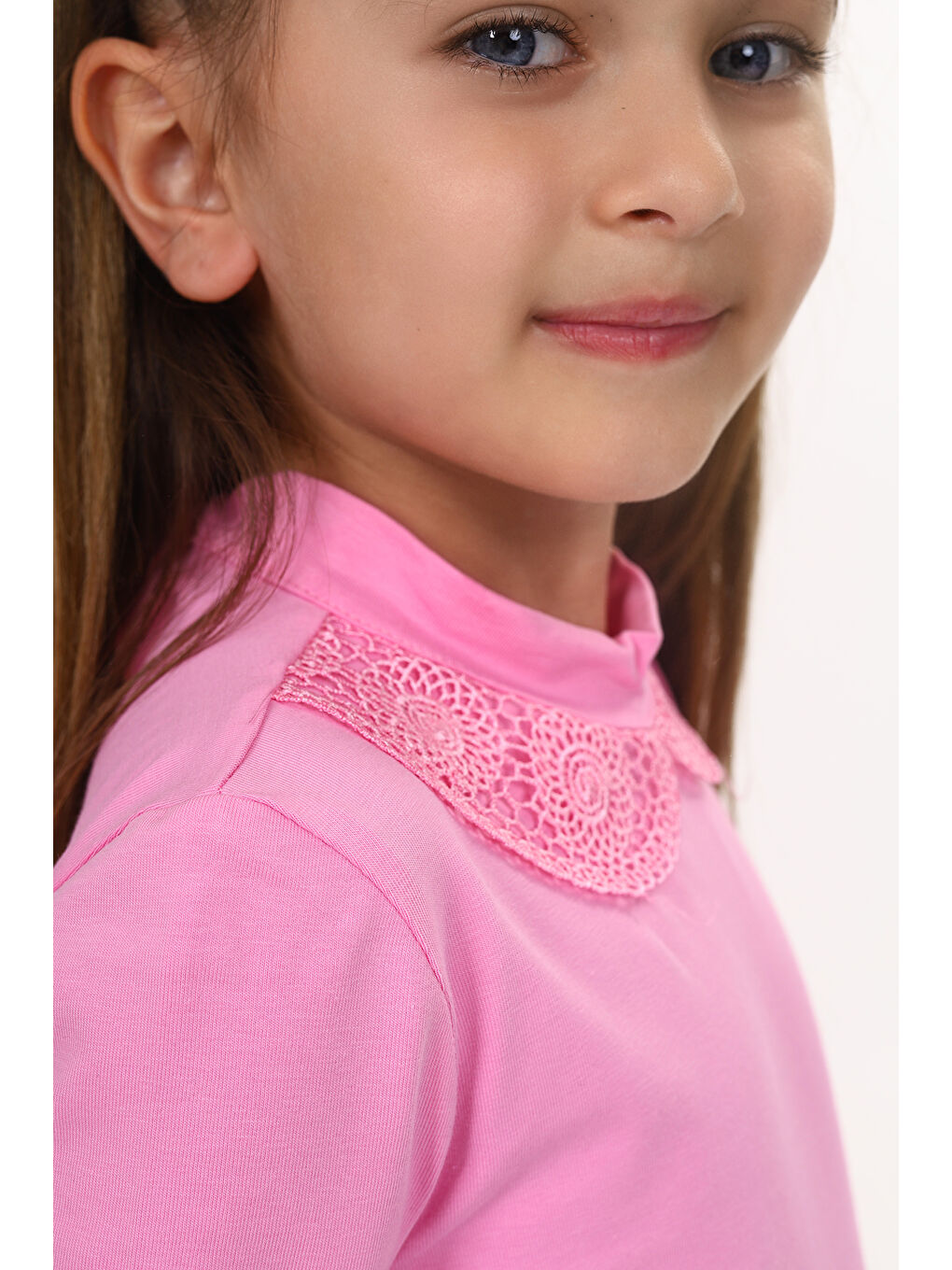 Pembe Kız Çocuk Yakası Dantel Detaylı Tişört-2