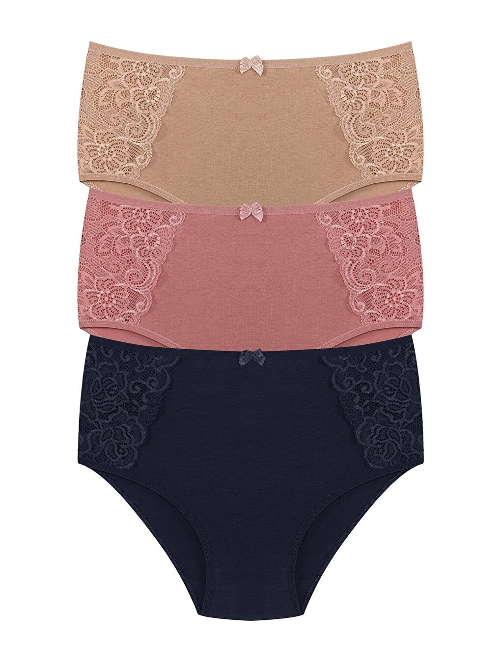 Pembe Pamuklu Yanları Dantel Yüksek Bel Büyük Beden Kadın Külot 3'lü