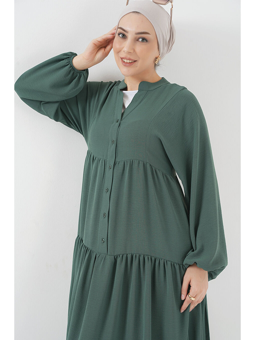2527 Kadın Uzun Tesettür Elbise - Zümrüt Yeşili-1
