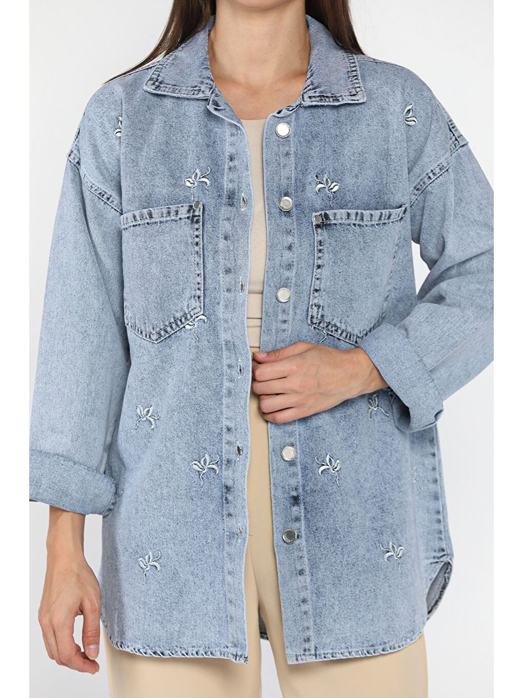 Mavi Kadın Çift Cepli Nakışlı Jean Ceket-2
