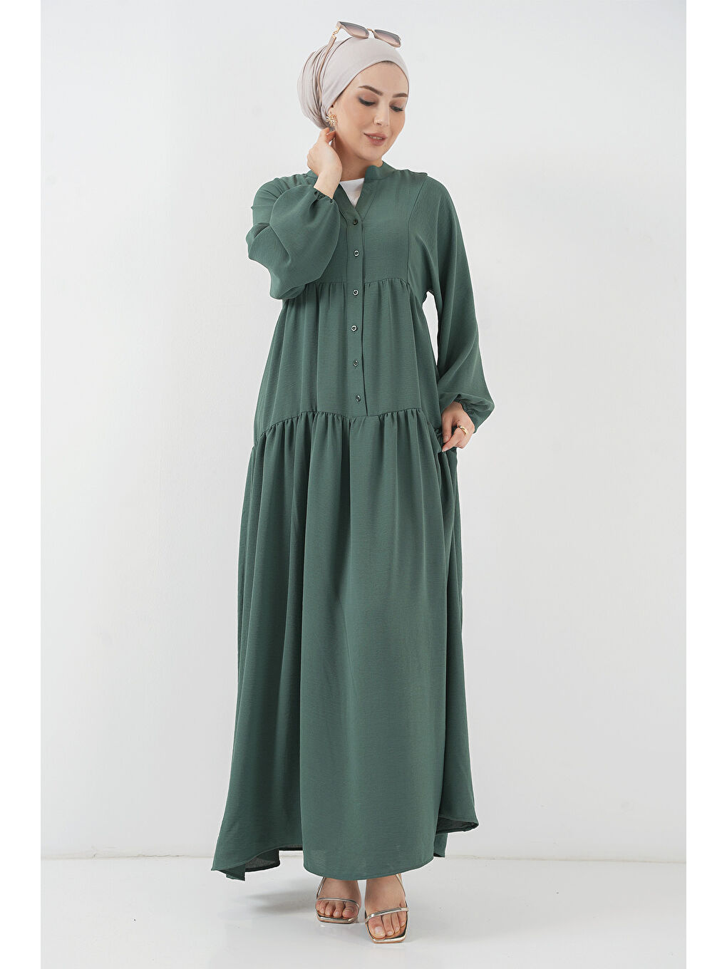 2527 Kadın Uzun Tesettür Elbise - Zümrüt Yeşili-2