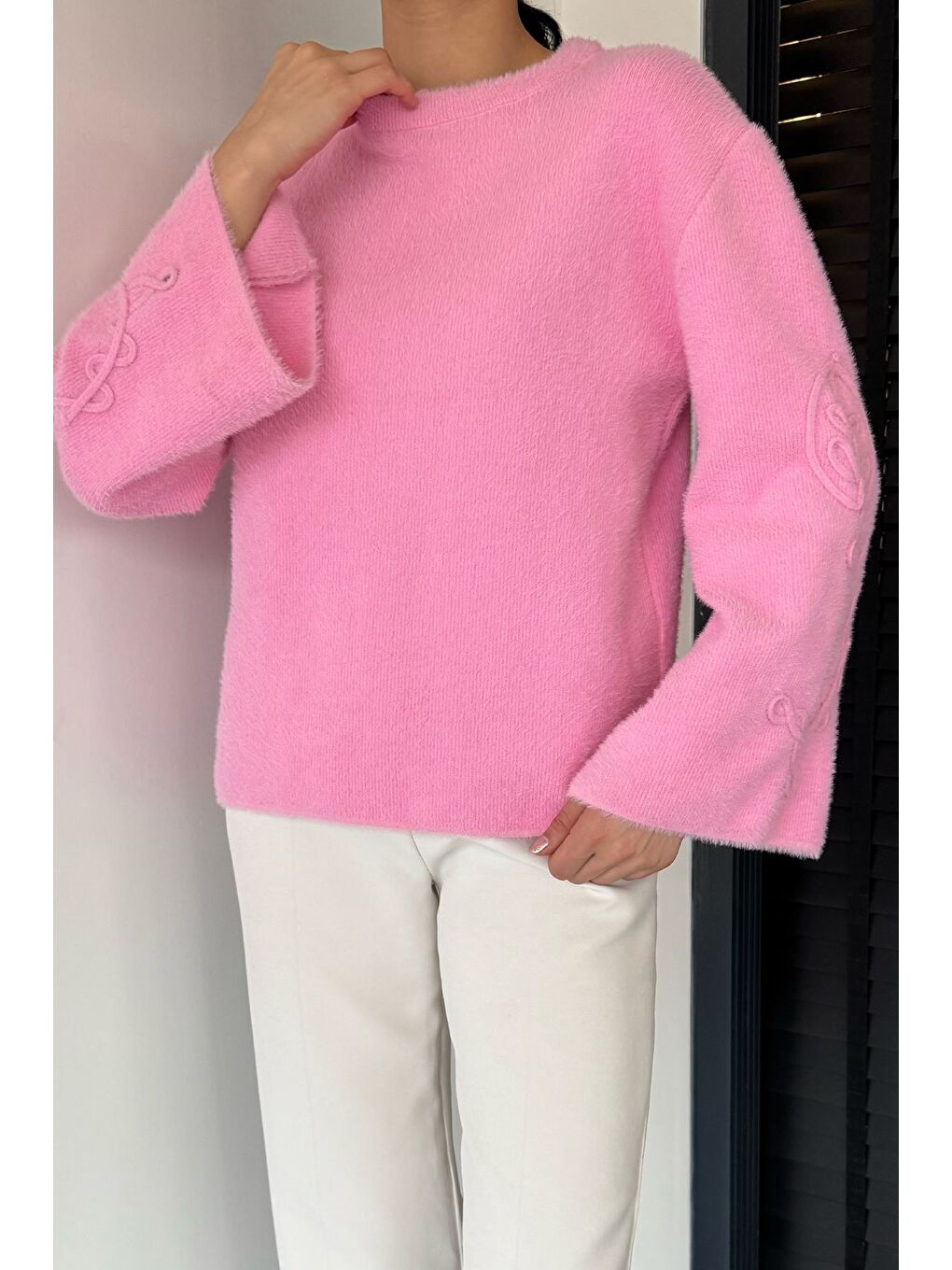 Pembe Kadın Bisiklet Yaka Kol İşlemeli Triko Kazak (s-m-l-xl Beden Uyumludur.)-1