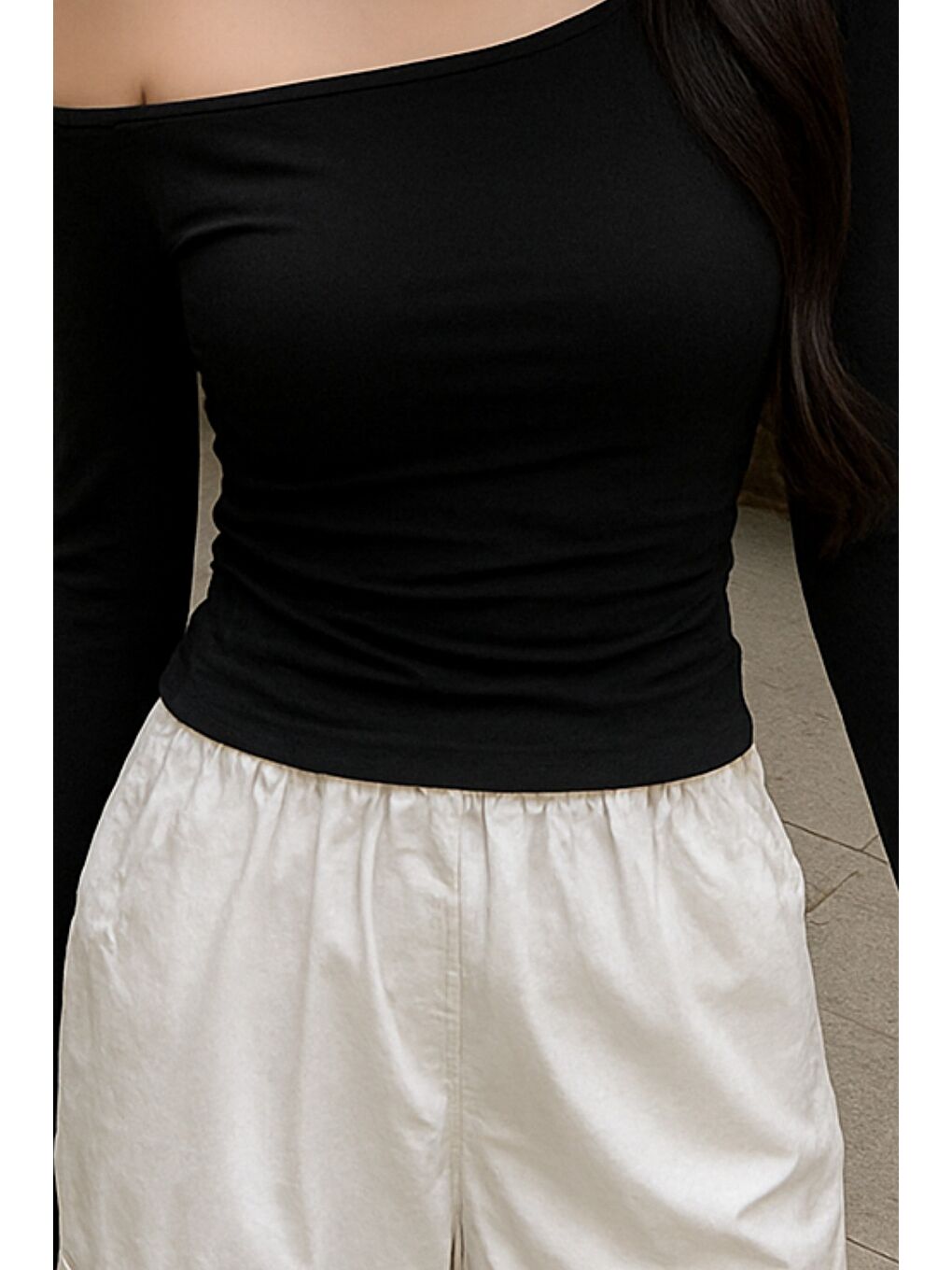 Siyah Kadın Düşük Omuz Kayık Yaka Dar/Slim Uzun Kollu T-Shirt-2