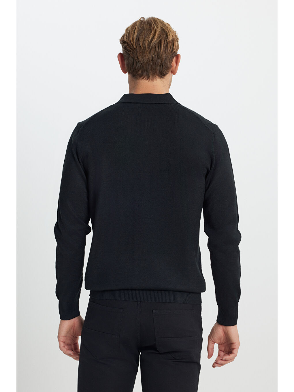 Erkek Siyah Yünlü Sıcak Tutan Standart Fit Normal Kesim Polo Yaka Triko Kazak-4