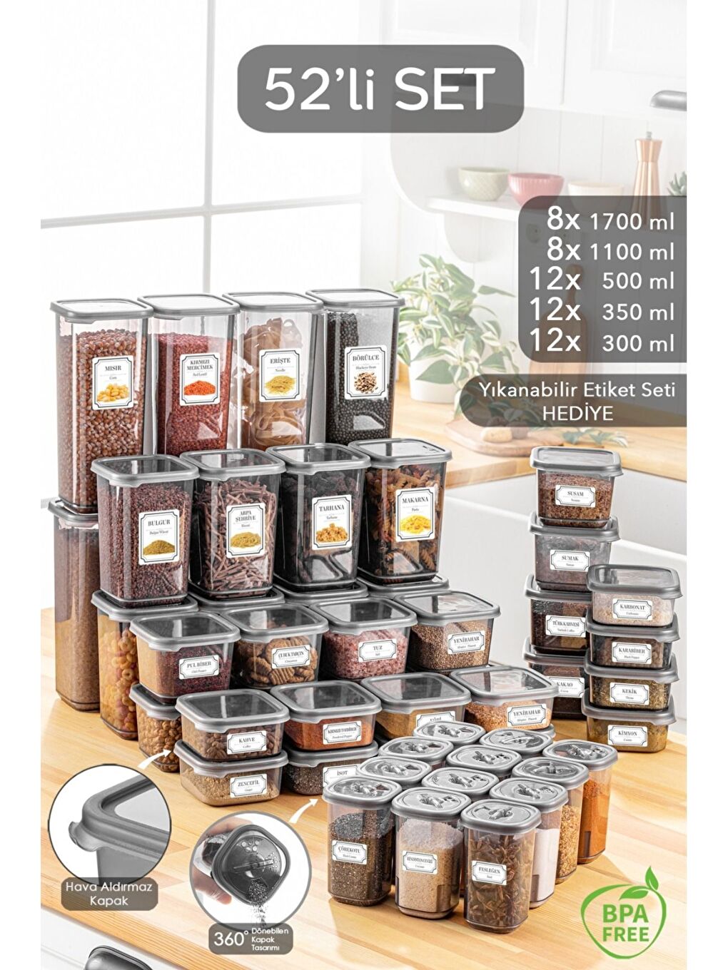 Antrasit 52 Parça Mega Seti Kare Erzak Ve Bakliyat Saklama Kabı Baharatlık 12x 300ML 500ML  8x 1100ML 1700ML