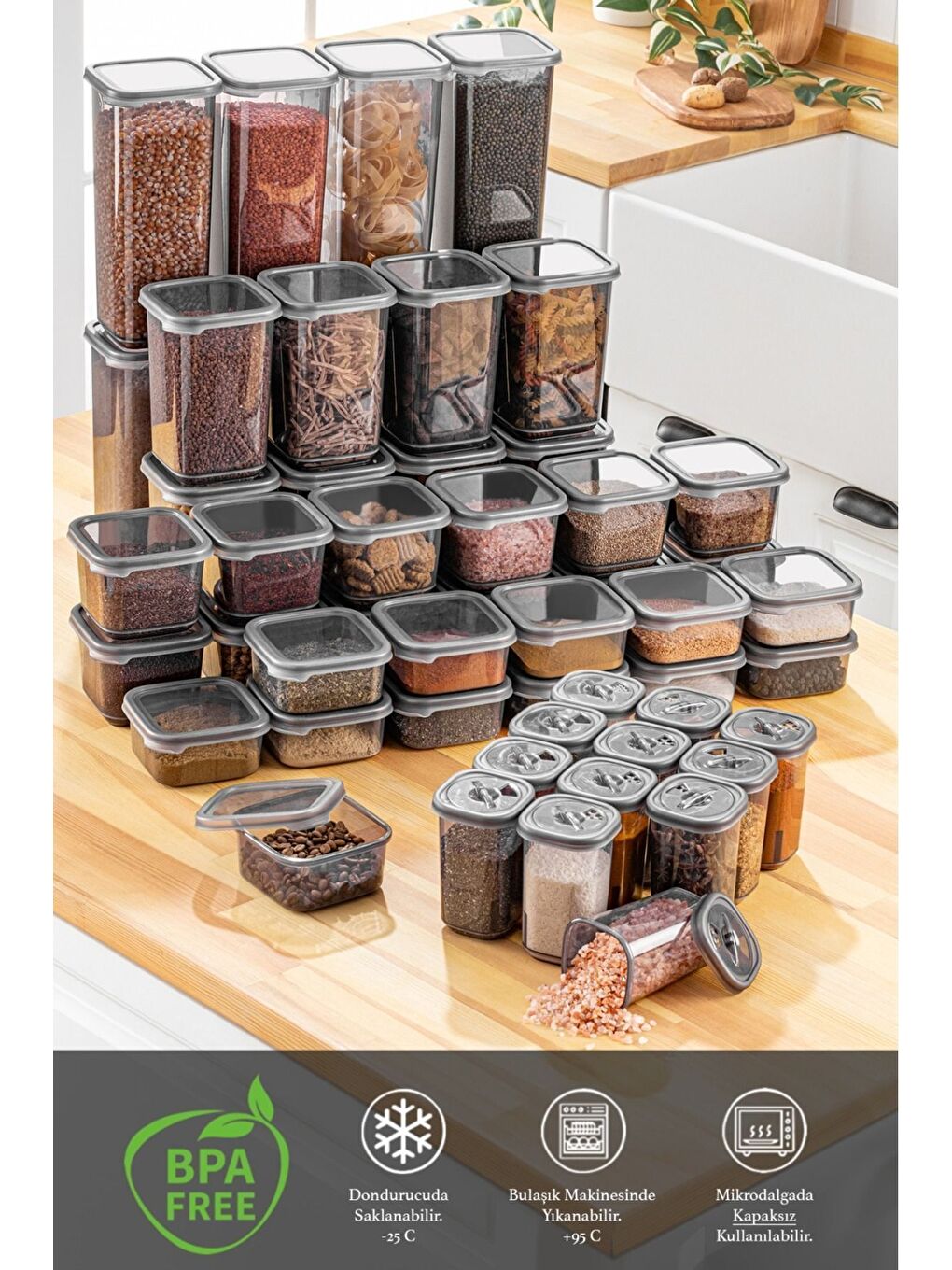 Antrasit 52 Parça Mega Seti Kare Erzak Ve Bakliyat Saklama Kabı Baharatlık 12x 300ML 500ML  8x 1100ML 1700ML-1
