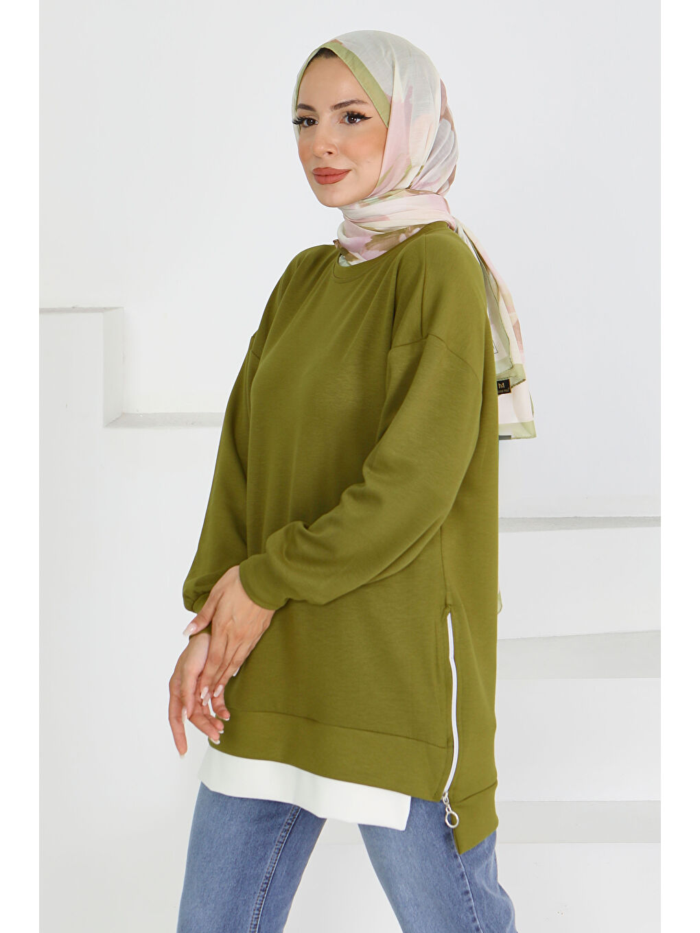 Garnili Fermuarlı İki İplik sweatshirt Haki - 27610-2