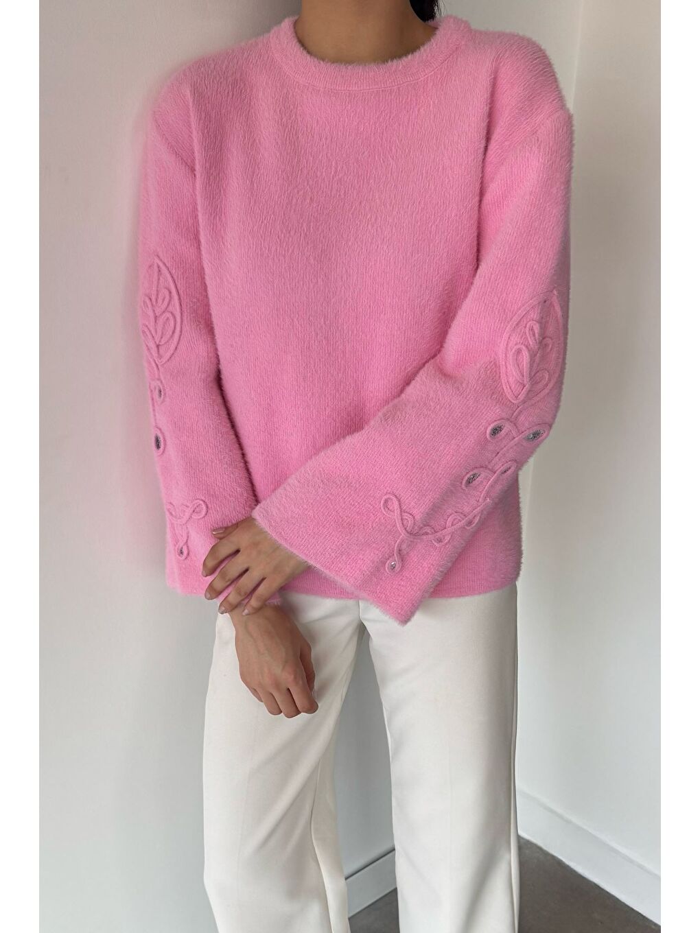 Pembe Kadın Bisiklet Yaka Kol İşlemeli Triko Kazak (s-m-l-xl Beden Uyumludur.)-2