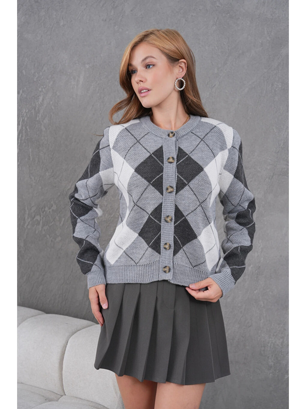 Gri Kadın Bisiklet Yaka Baklava Desenli Düğme Kapama Triko Hırka Ceket-2