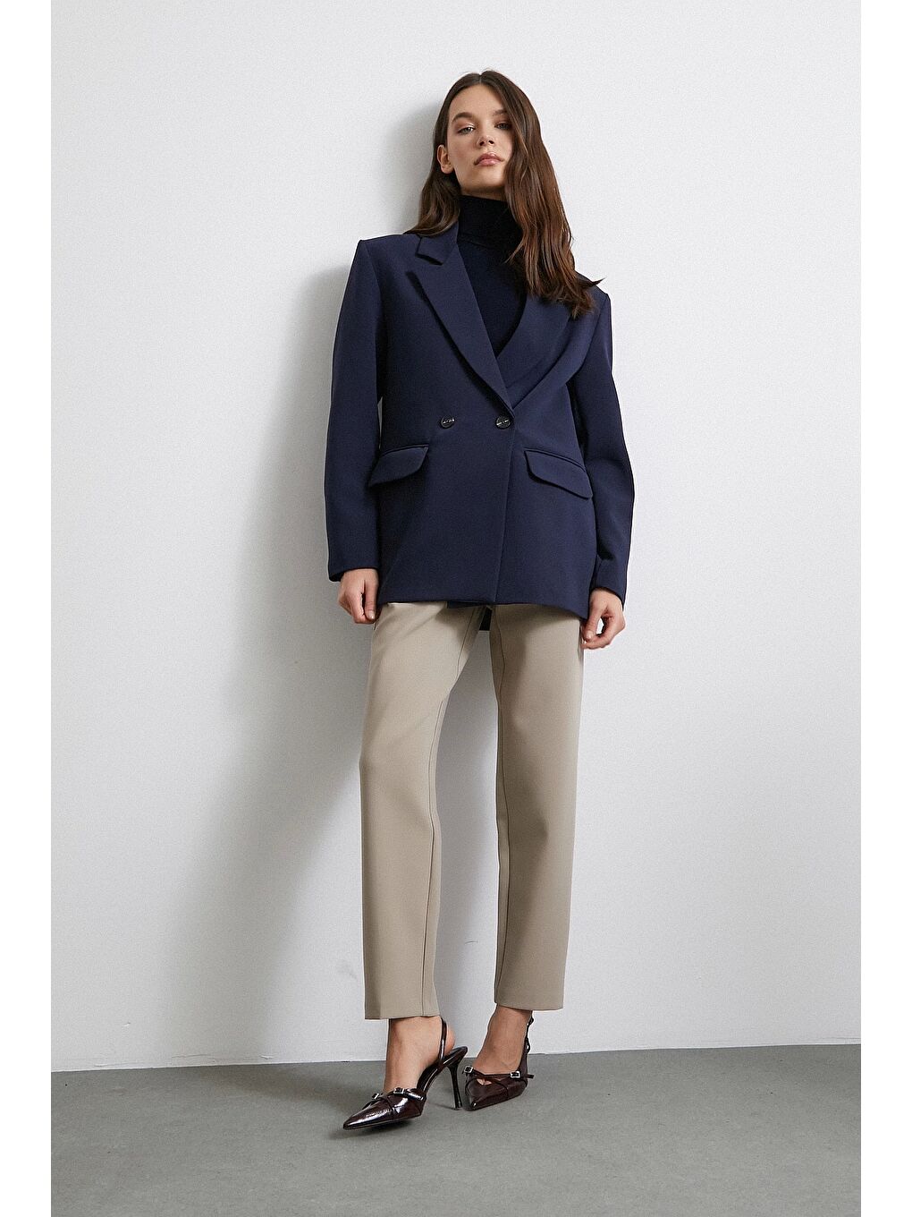 Bej Yüksek Bel Geniş Paça Pantolon Vizon-1