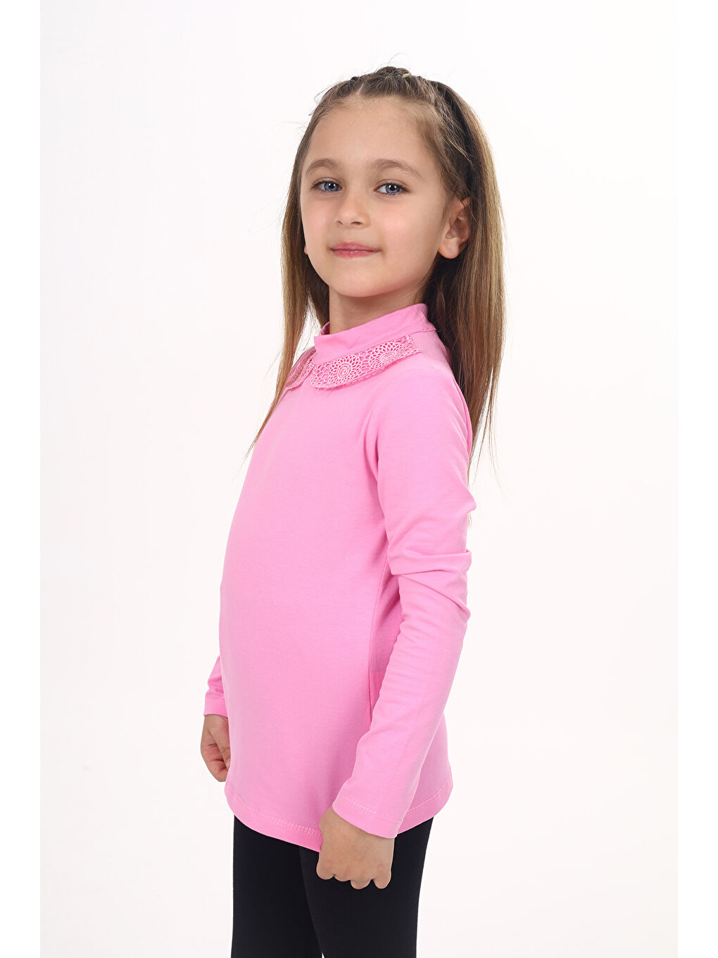 Pembe Kız Çocuk Yakası Dantel Detaylı Tişört-5