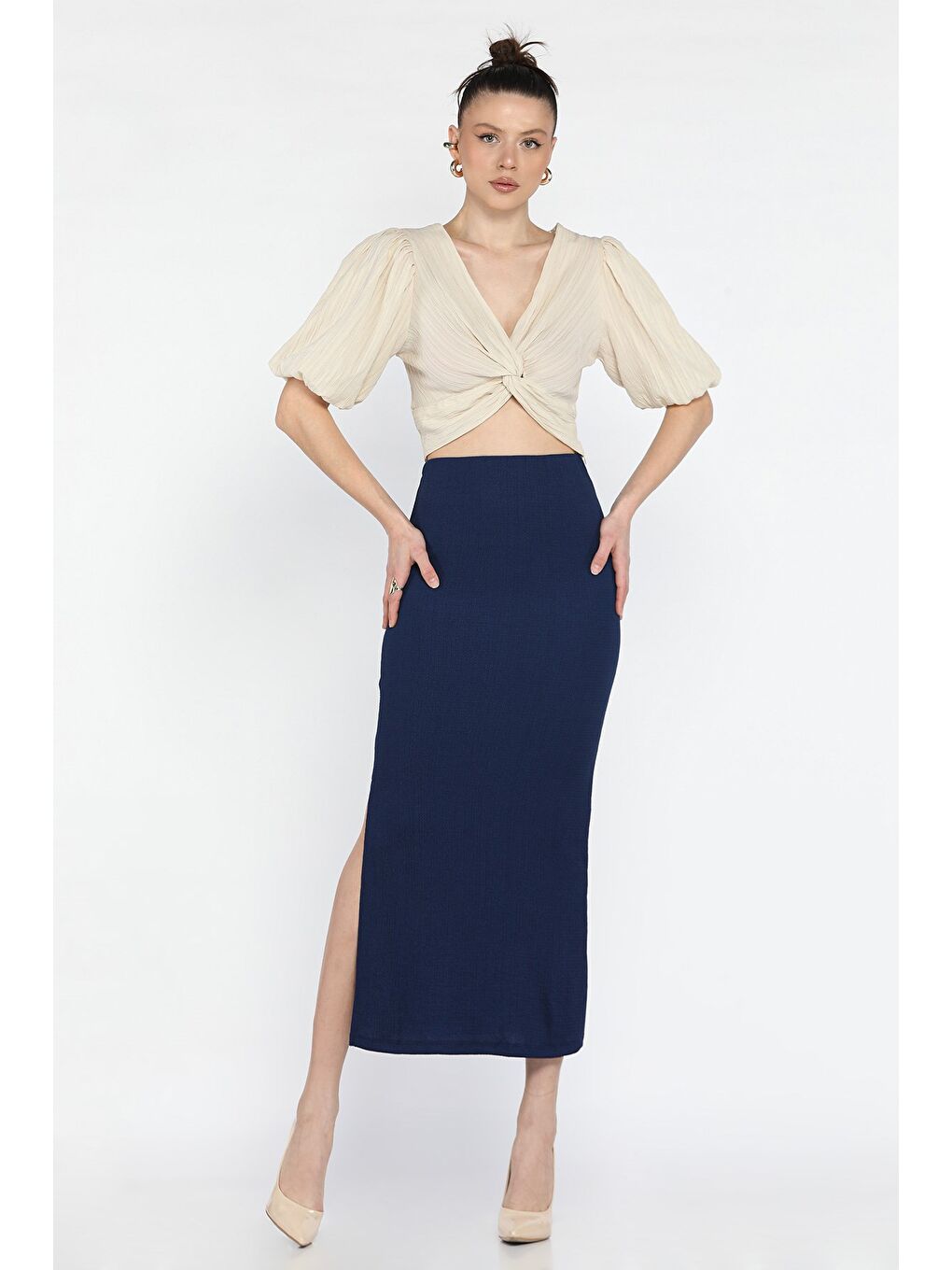 Lacivert Kadın Bel Lastikli Yırtmaç Detaylı Bürümcük Elastanlı Etek