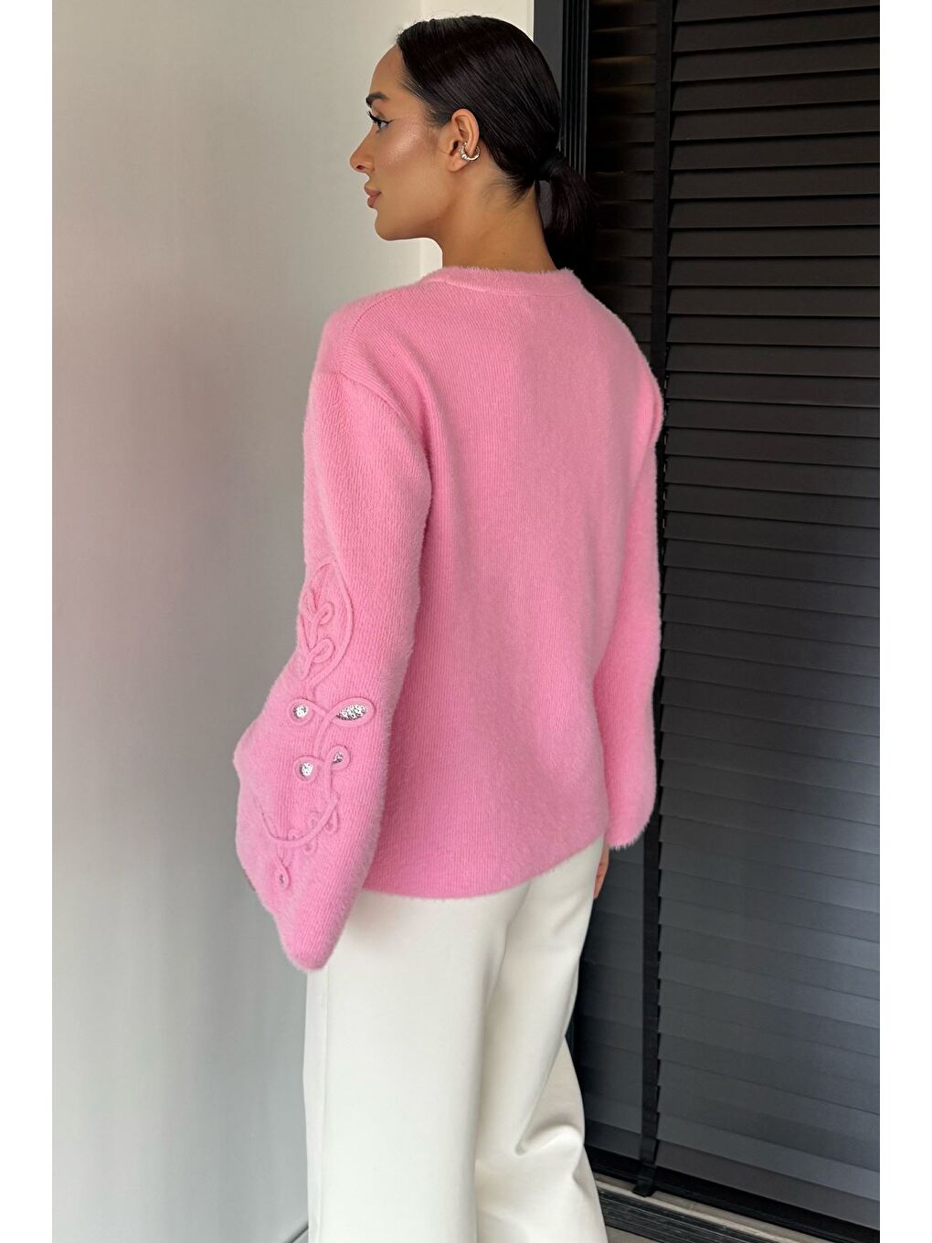 Pembe Kadın Bisiklet Yaka Kol İşlemeli Triko Kazak (s-m-l-xl Beden Uyumludur.)-3