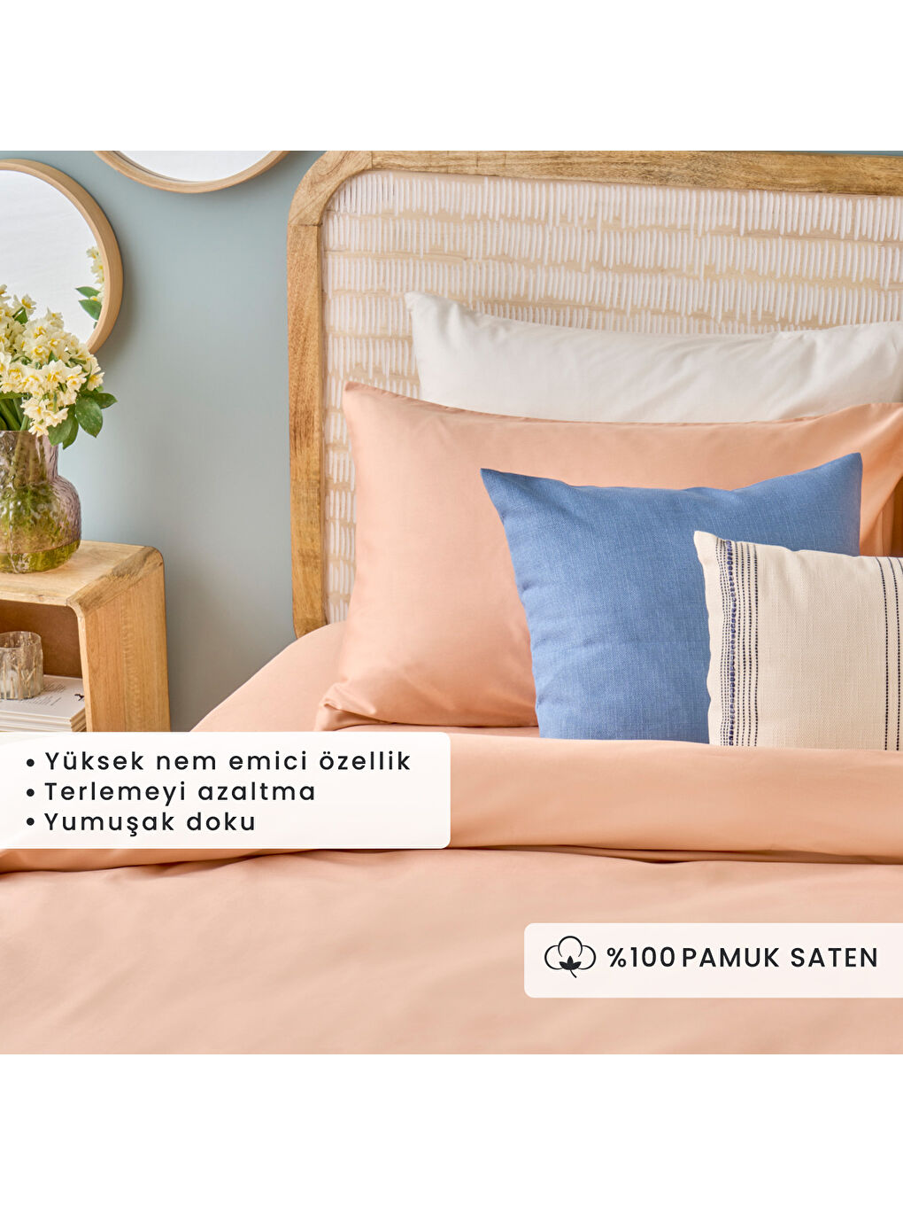 Pembe %100 Pamuk Saten Supreme Çift Kişilik Nevresim Seti Somon (200x220 cm)-1