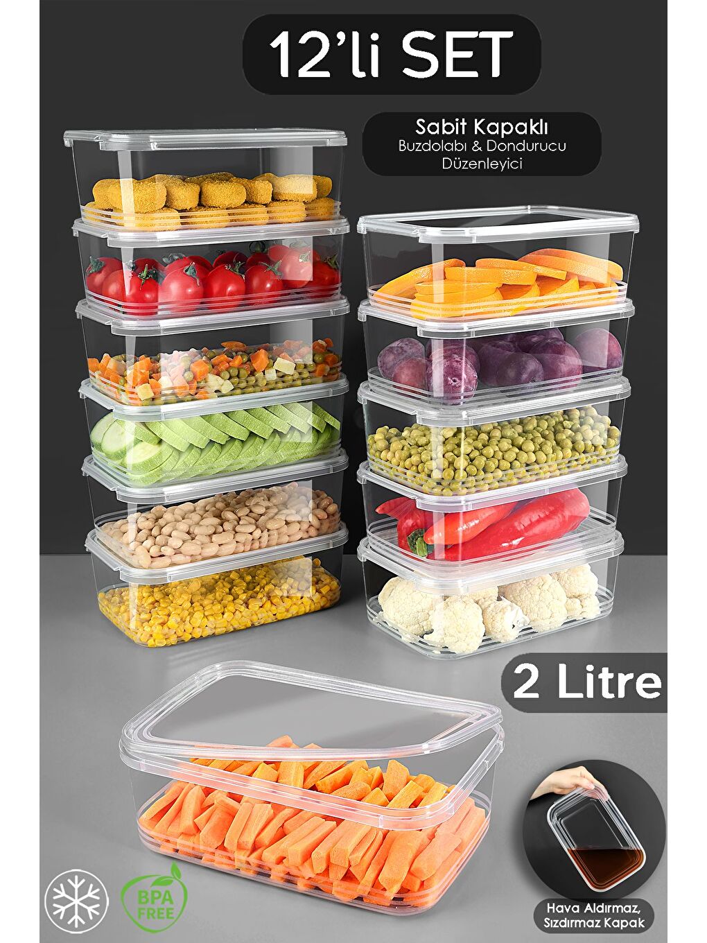 Renksiz 12 Adet Sızdırmaz Kendinden Kapaklı Derin Dondurucuya Uygun Saklama Kabı Düzenleyici Erzak Kabı 2 lt
