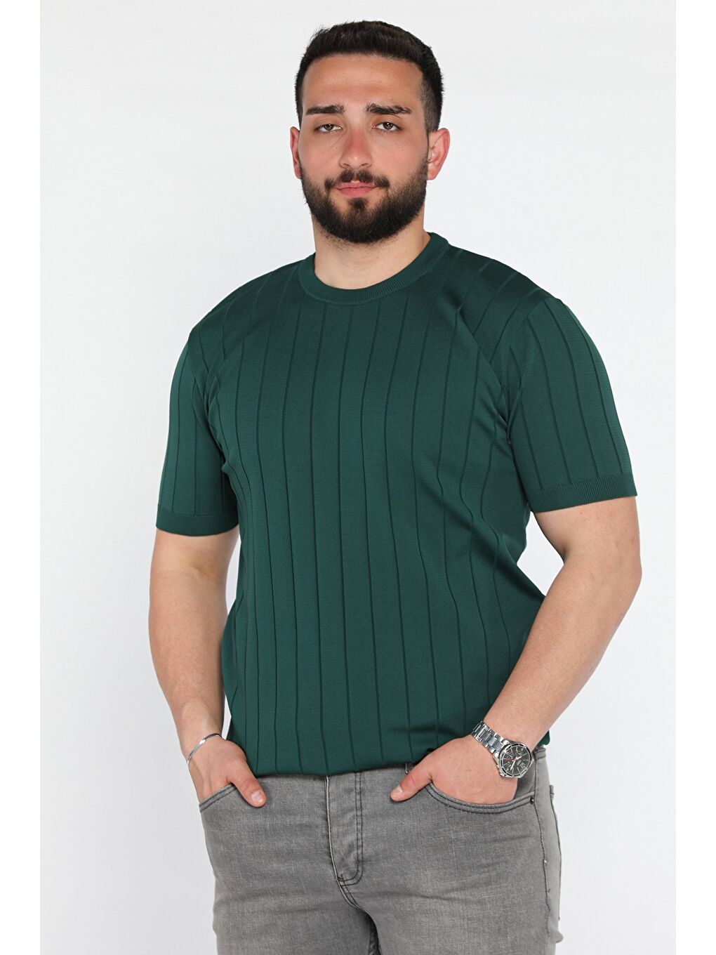 Yeşil Erkek Bisiklet Yaka Kendinden Çizgi Desenli Triko Tişört