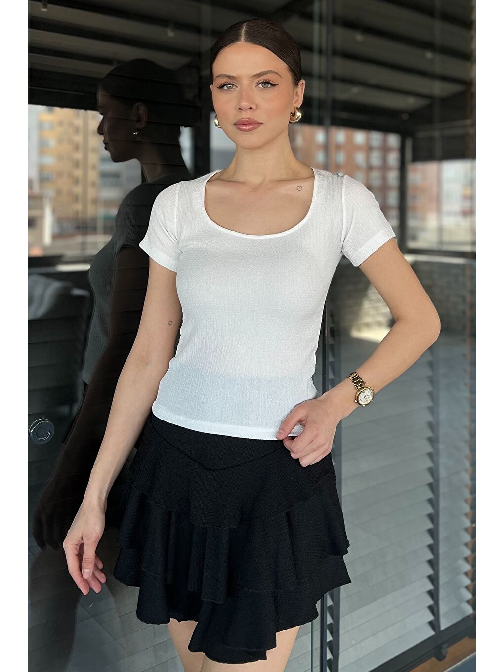 Ekru Kadın Kare Yaka Bürümcük Bluz