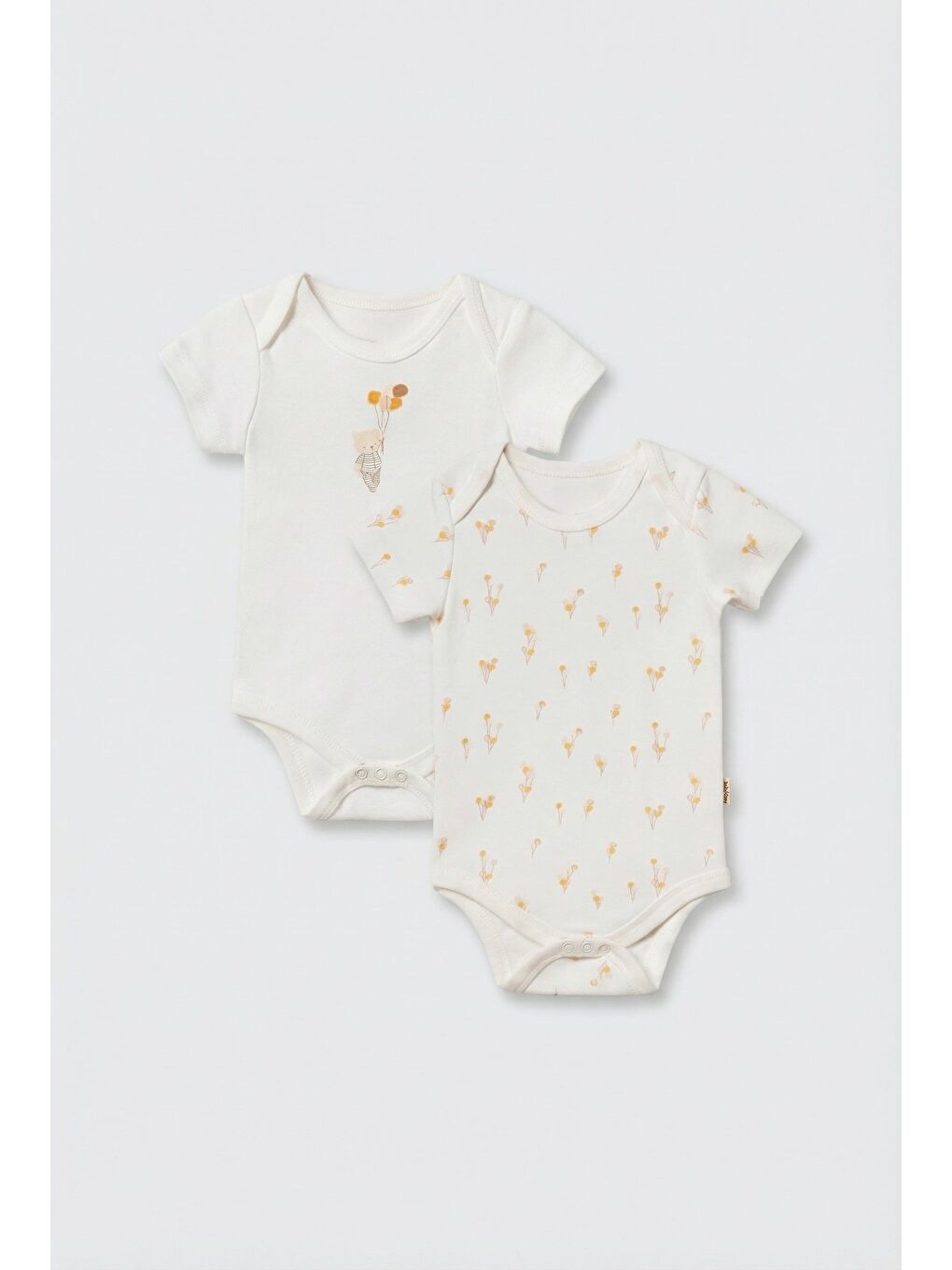 Karışık Unisex Bebek Pamuklu Ekru 2'Li Kısa Kollu Body Seti - Desenli Ve Ayıcık Baskılı