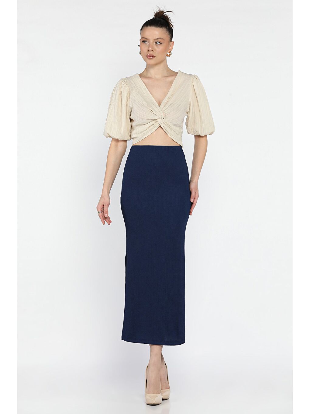 Lacivert Kadın Bel Lastikli Yırtmaç Detaylı Bürümcük Elastanlı Etek-1