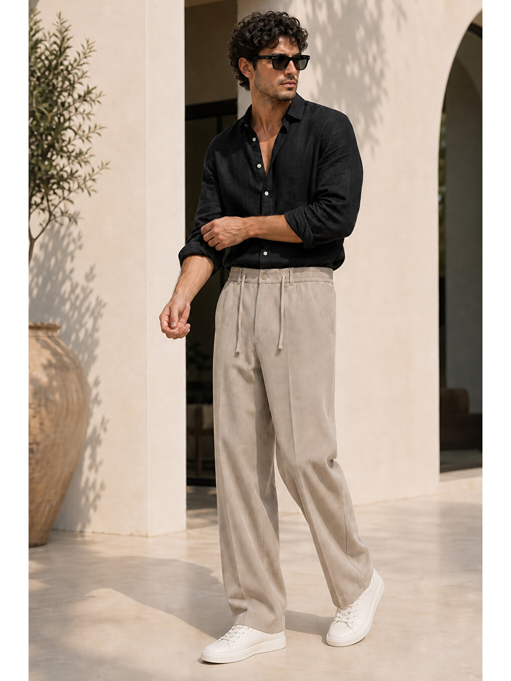 Bej Erkek Vizon Relax Fit Bağcıklı Baggy Pantolon