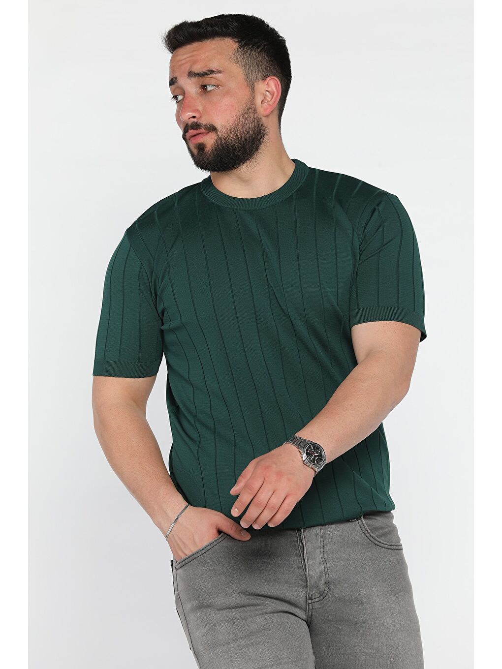 Yeşil Erkek Bisiklet Yaka Kendinden Çizgi Desenli Triko Tişört-1